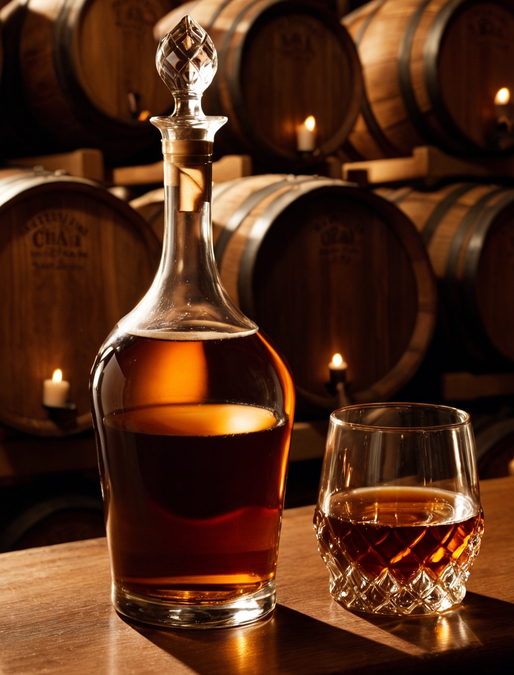 Carafe de rhum ambré en clair-obscur, verre tulipe au premier plan, fûts en arrière-plan